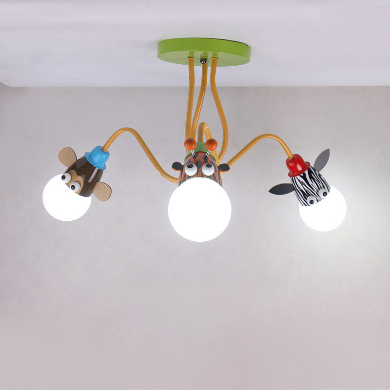 Contemporary Creative Acrylic Cartoon Animal Hardware Frame 3-Light Kids Flush Mount Ceiling Light For Bedroom