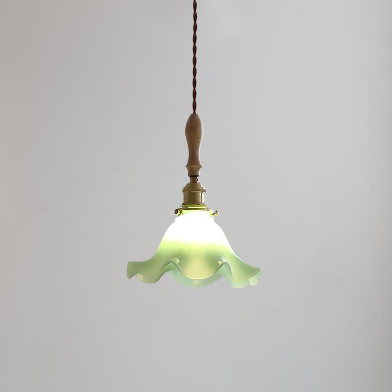Japanese Vintage Glass Flower Petal Walnut 1-Light Pendant Light