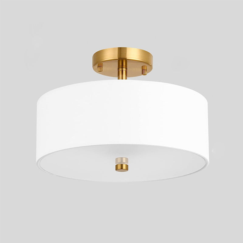 Modern Transitional Aged Brass Electroplated Base Fabric Cylinder Shade 3-Light Chandelier For Living Room