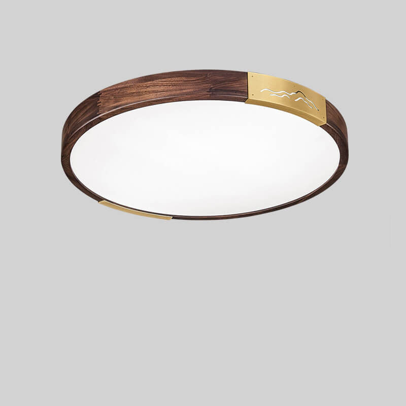 Modern Chinese Walnut Solid Wood Round Square Geometry LED Flush Mount Ceiling Light