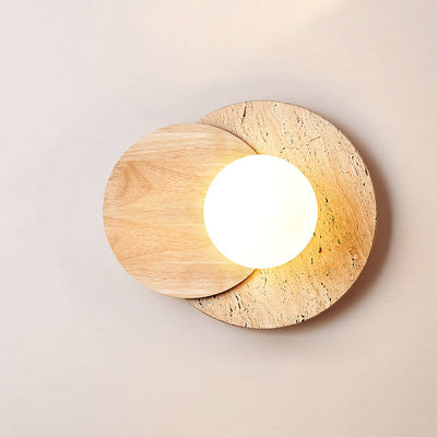 Traditional Japanese White Travertine Disc 1-Light Wall Sconce Lamp For Bedroom