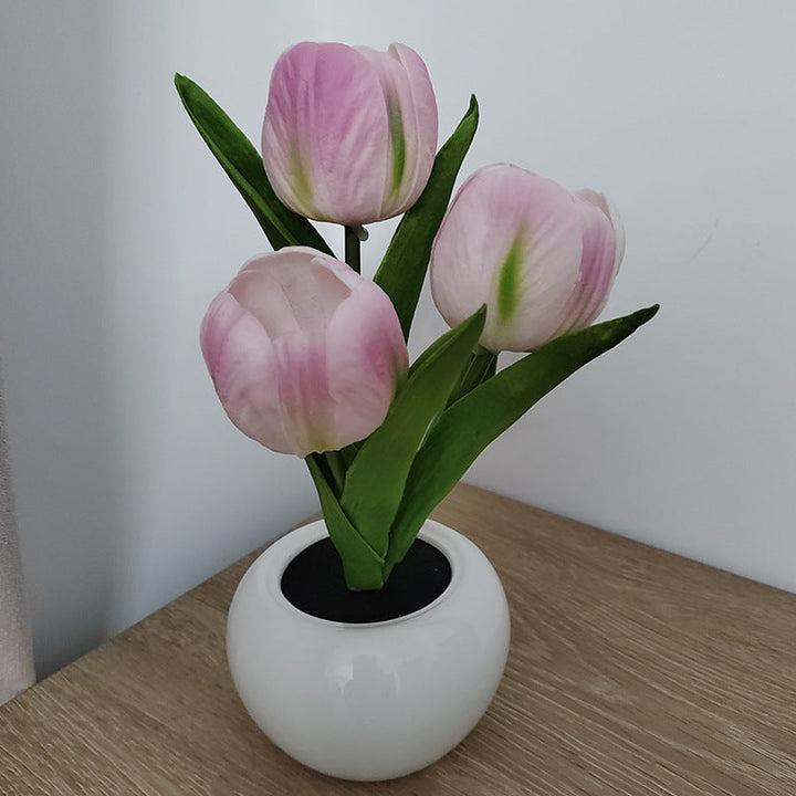 Ramo de Simulación de Tulipanes en Maceta de Cerámica con Luz Nocturna LED Lámpara de Mesa 