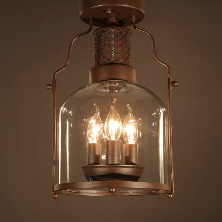 Industrial Vintage Antique Iron Glass Lantern 3-Light Semi-Flush Mount Ceiling Light