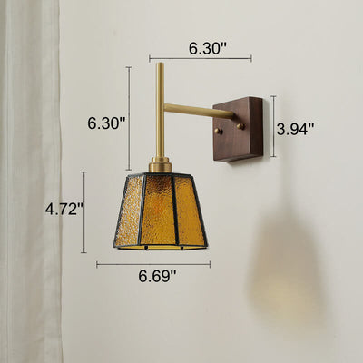 Vintage Amber Glass Shade Walnut 1-Light Wall Sconce Lamp