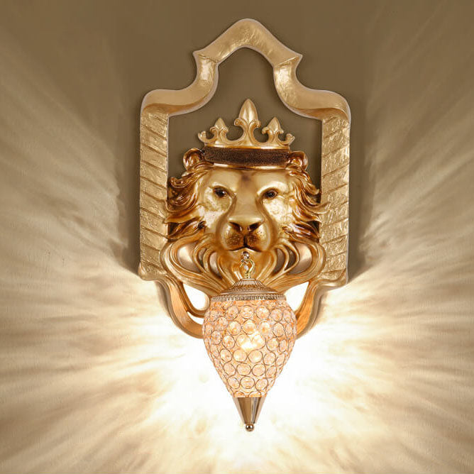 Vintage Löwenkopf Laterne Harz Kristall 1-Licht Wandleuchte Lampe 