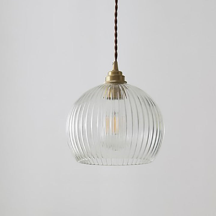 Moderne Einfachheit geripptes Glas Halbkreis Schatten Kupfer 1-Licht Pendelleuchte für Wohnzimmer 