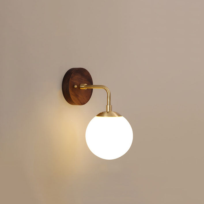 Contemporary Nordic Walnut Brass Glass Round Orb 1-Light Wall Sconce Lamp for Living Room