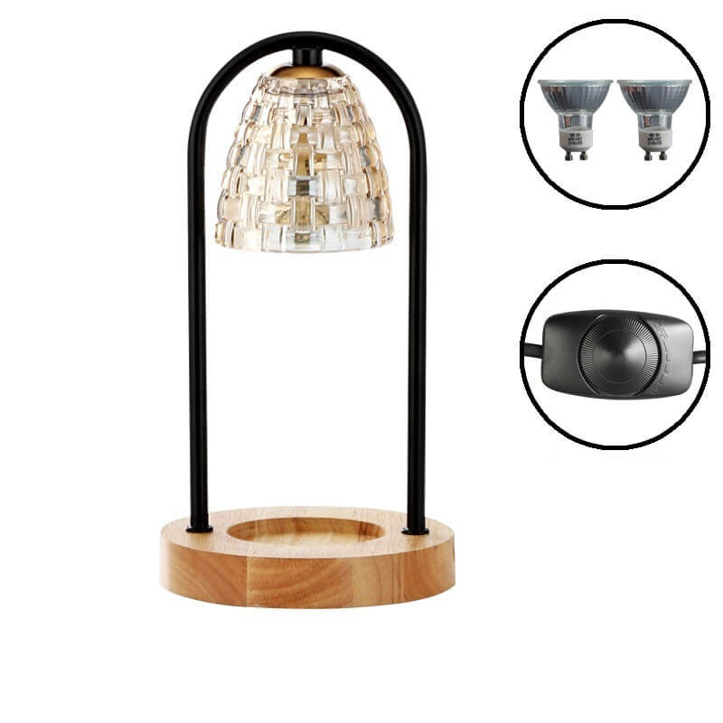 Lampe de table à cire fondue à 2 lumières avec abat-jour en verre de luxe moderne et base en bois 