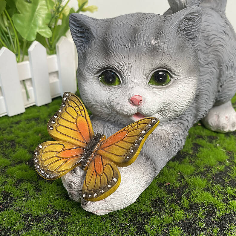 Lumière décorative en résine LED avec chaton mignon et papillon solaire pour l&