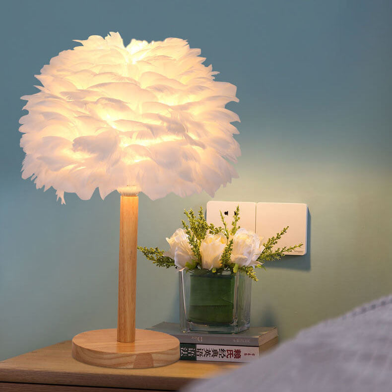 Lampe de table moderne et créative à 1 lumière en bois massif avec plumes décoratives 