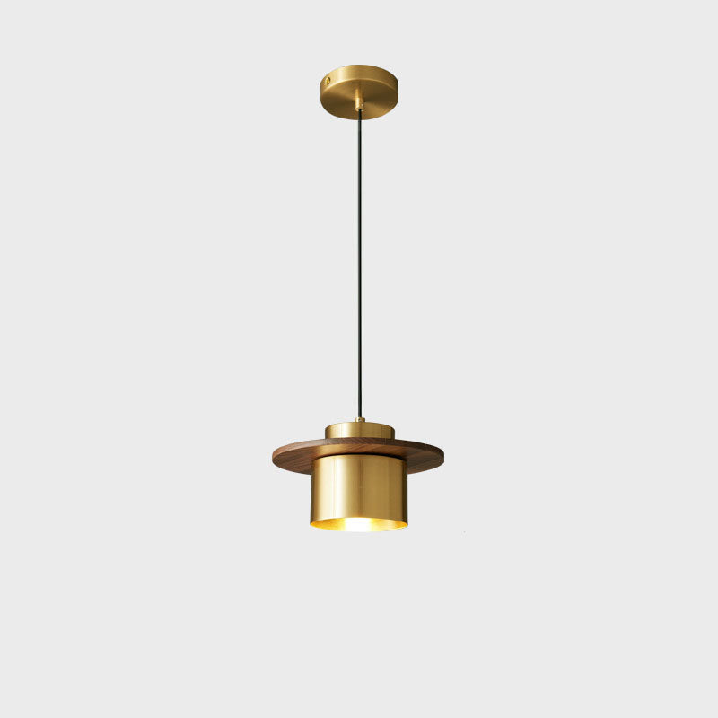 Contemporary Nordic Cylindrical Walnut Copper 1-Light Pendant Light For Living Room &amp; Bedroom