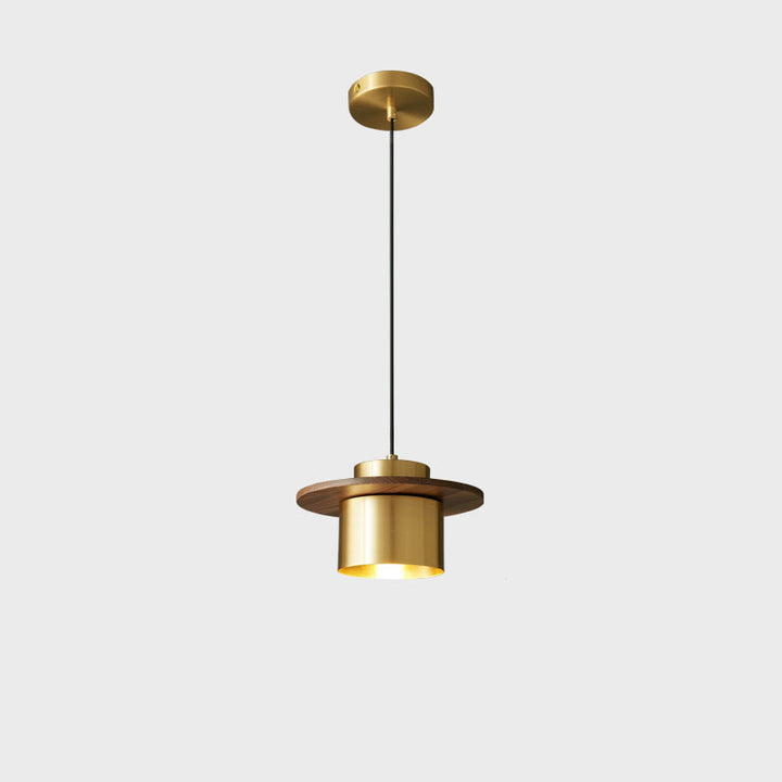 Contemporary Nordic Cylindrical Walnut Copper 1-Light Pendant Light For Living Room &amp; Bedroom