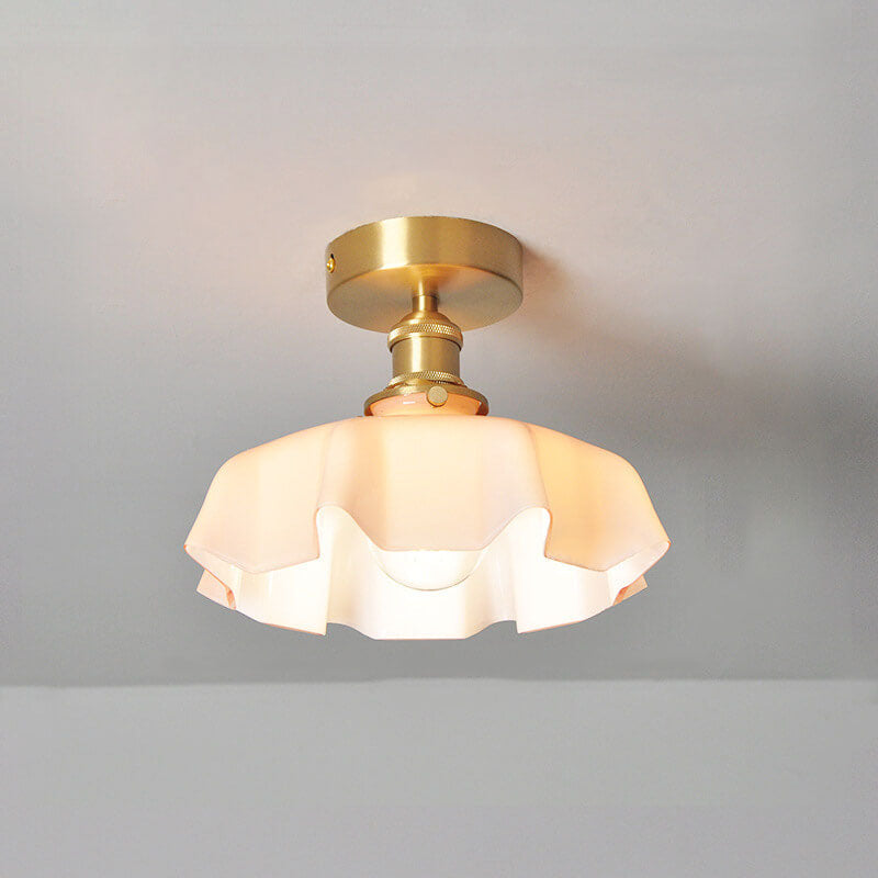 Japanese Vintage Cream Glass Floral Brass 1-Light Semi-Flush Mount Ceiling Light