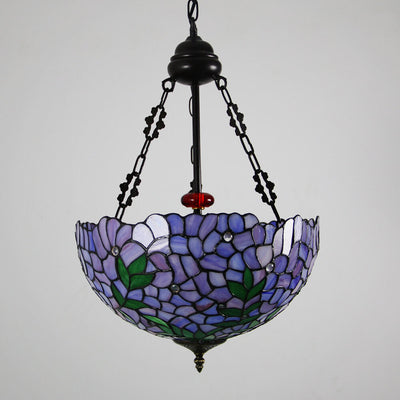 Vintage Tiffany Violet Stained Glass Round 3-Light Chandelier