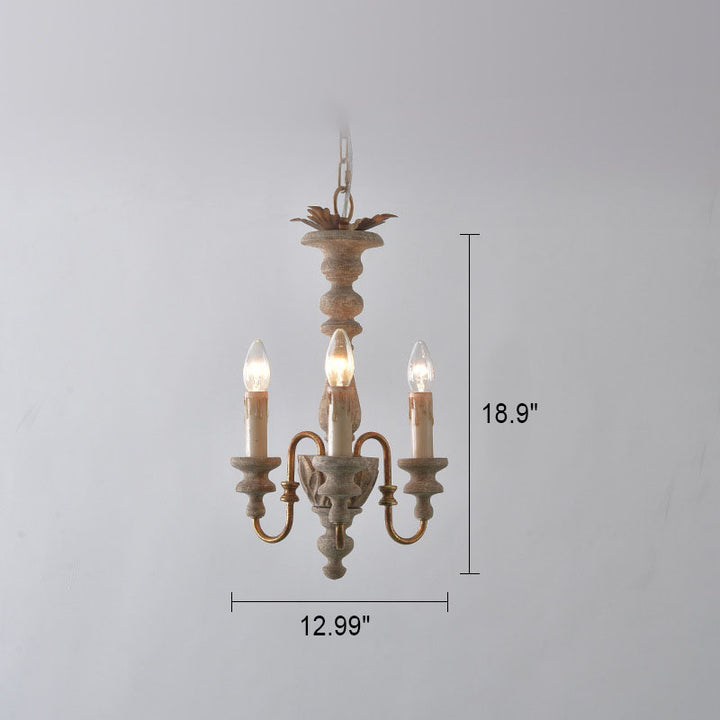Traditional French Solid Wooden Iron Candle Holder 3-Light Chandelier for Living Room