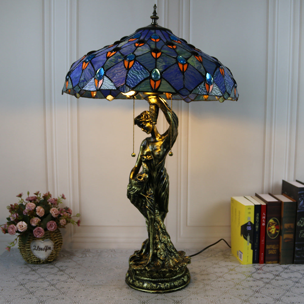 Lampe de table à 2 lumières avec base en résine et beauté en verre teinté Tiffany vintage 
