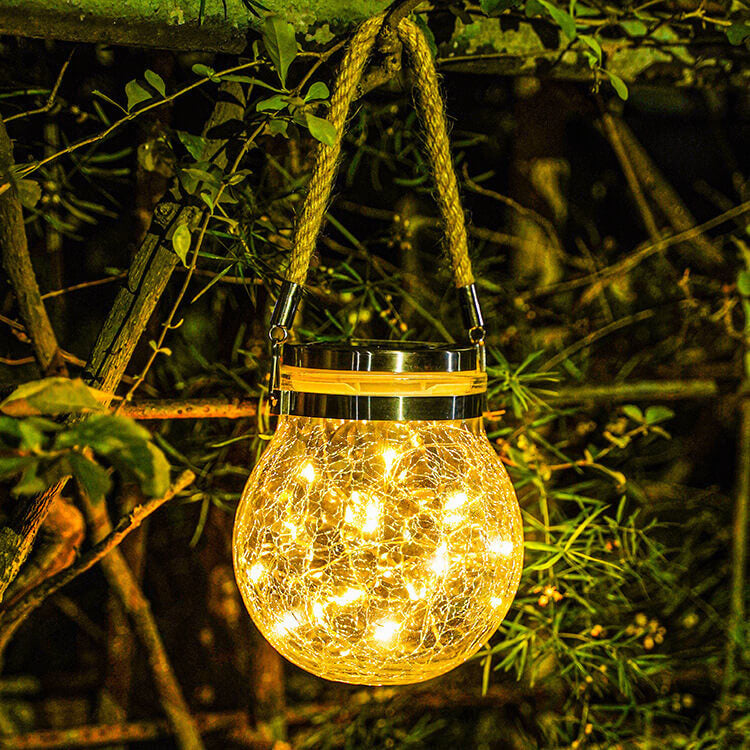 Solar Crackle Round Glass Jar LED Outdoor Garden Decorative Light