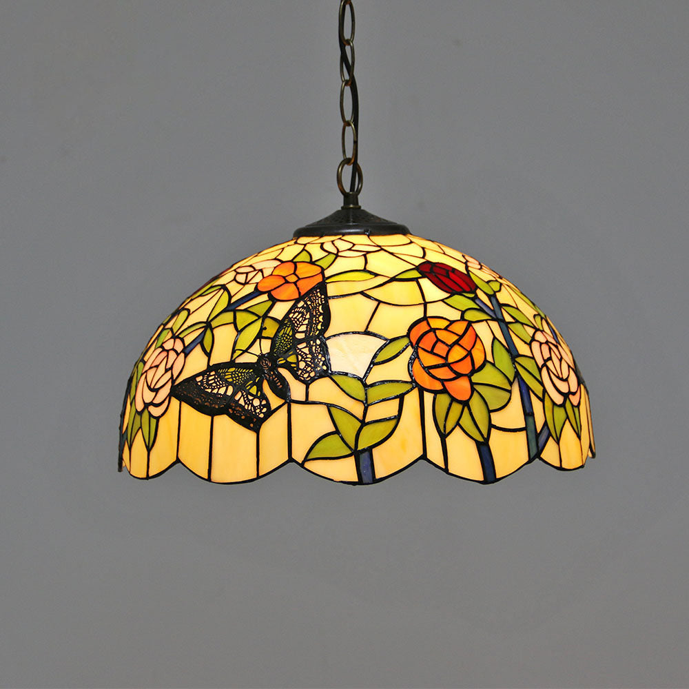 Luminaire suspendu à 1 lumière Tiffany Vintage Butterfly Rose Dome 