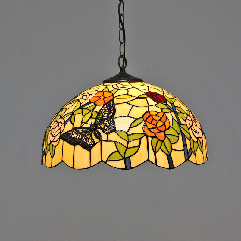 Vintage Tiffany Butterfly Rose Dome 1-Light Pendant Light