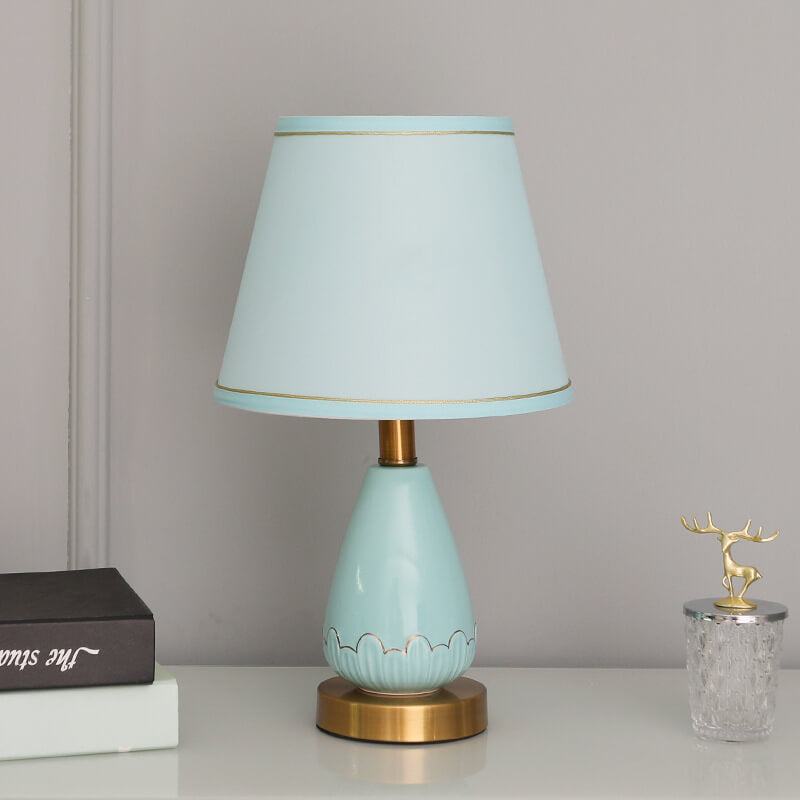 Lámpara de mesa de 1 luz con base de jarrón minimalista moderno redonda trapezoidal de cerámica, metal y tela para dormitorio 