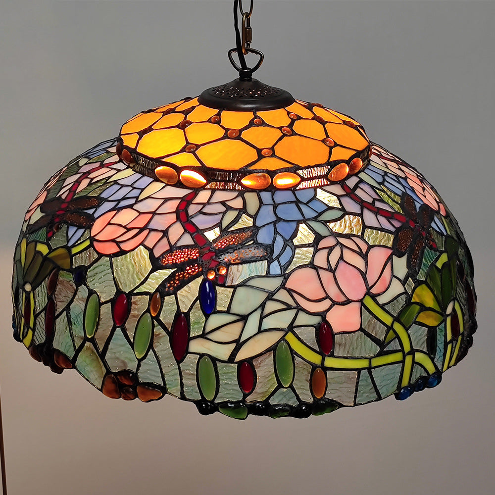 Traditioneller Tiffany-Dom-Wandglas-Rund-Dragonfly-Blumen-2-Licht-Kronleuchter für das Wohnzimmer 