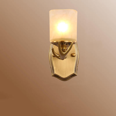 European Vintage Antler Brass Glass 1-Light Wall Sconce Lamp