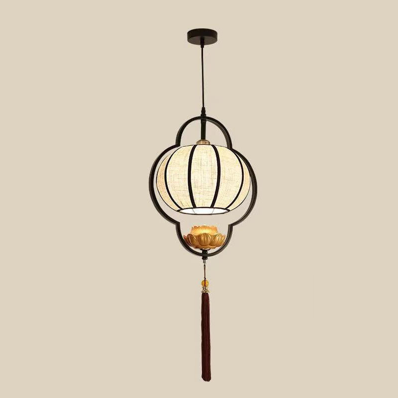 Modern Chinese Lantern Fabric Iron Zen 1-Light Pendant Light