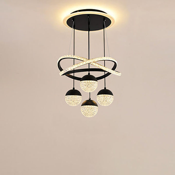 Moderner luxuriöser LED-Kronleuchter aus Acryl und Eisen mit Kugeln und geschwungener Form für das Wohnzimmer 