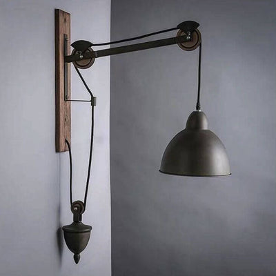 Vintage Industrial Iron Cone Solid Wood Pull Cord 1-Light Wall Sconce Lamp