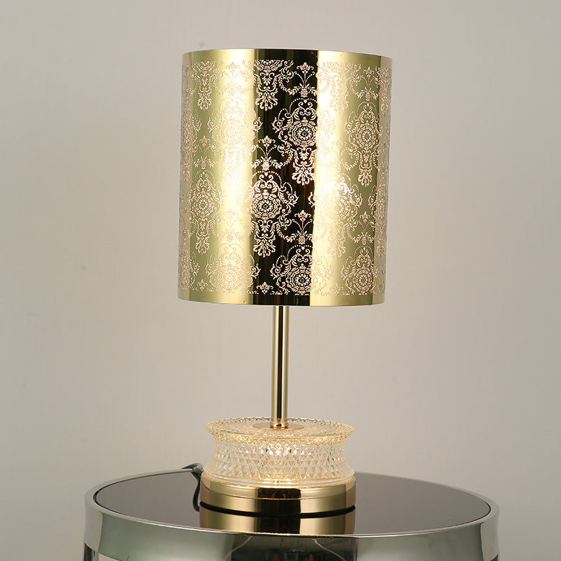 Modern Luxury Stainless Steel Column Carved Acrylic 1-Light Table Lamp