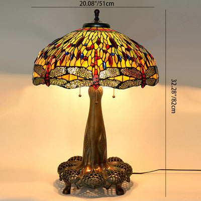 Traditional Tiffany Dragonfly Stained Glass Dome 3-Light Table Lamp For Study