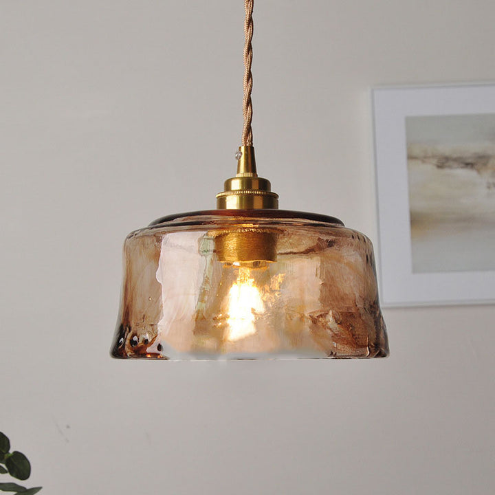 Suspension Luminaire Vintage Ambre Tambour Rond Verre Laiton 1 Lumière 