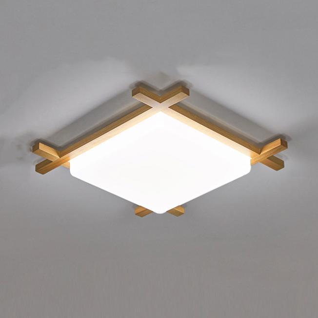 Traditional Japanese Wood Acrylic Square Tatami LED Flush Mount Ceiling Light For Bedroom