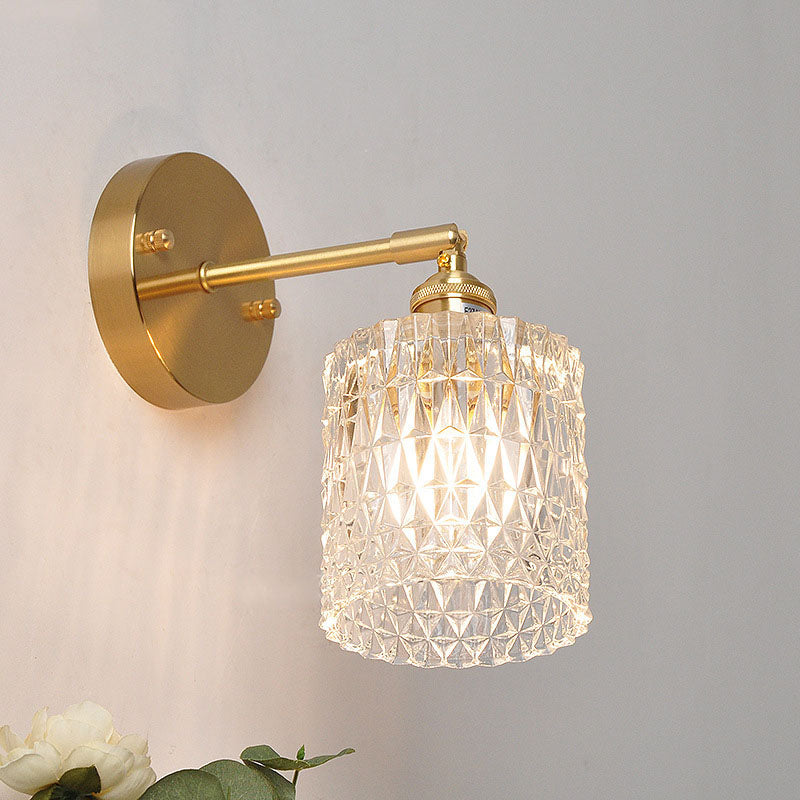 Traditional Vintage Glass Iron Copper Cylinder Round 1-Light Wall Sconce Lamp for Living Room
