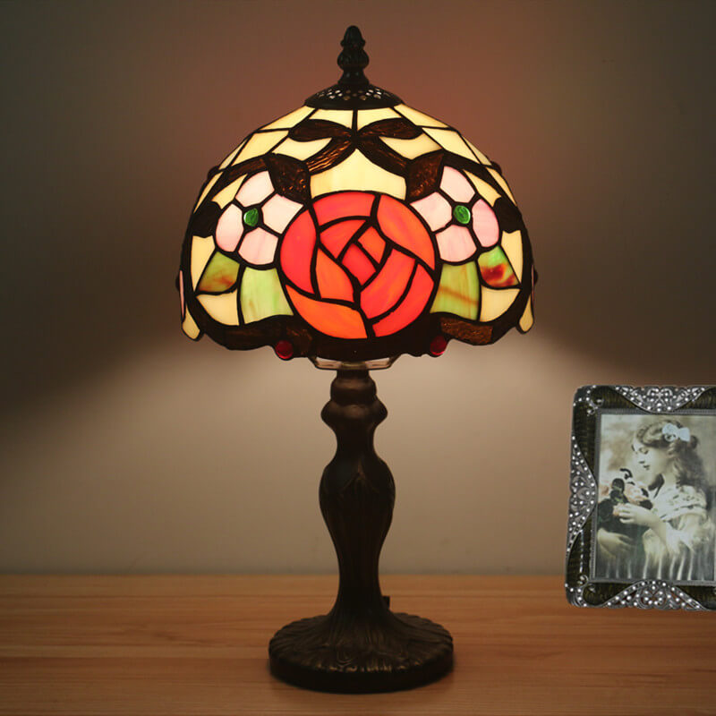 Vintage Tiffany Flower Stained Glass Dome 1-Light Table Lamp