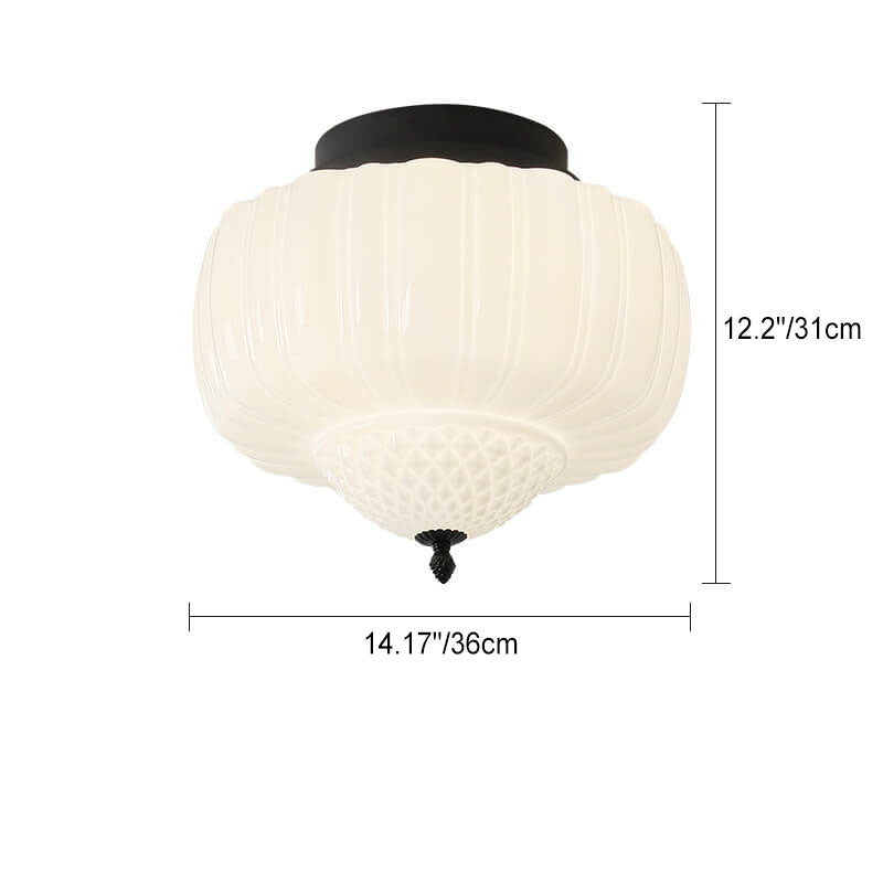 Modern Minimalist Cream Lantern Iron Glass 3-Light Semi-Flush Mount Ceiling Light For Bedroom