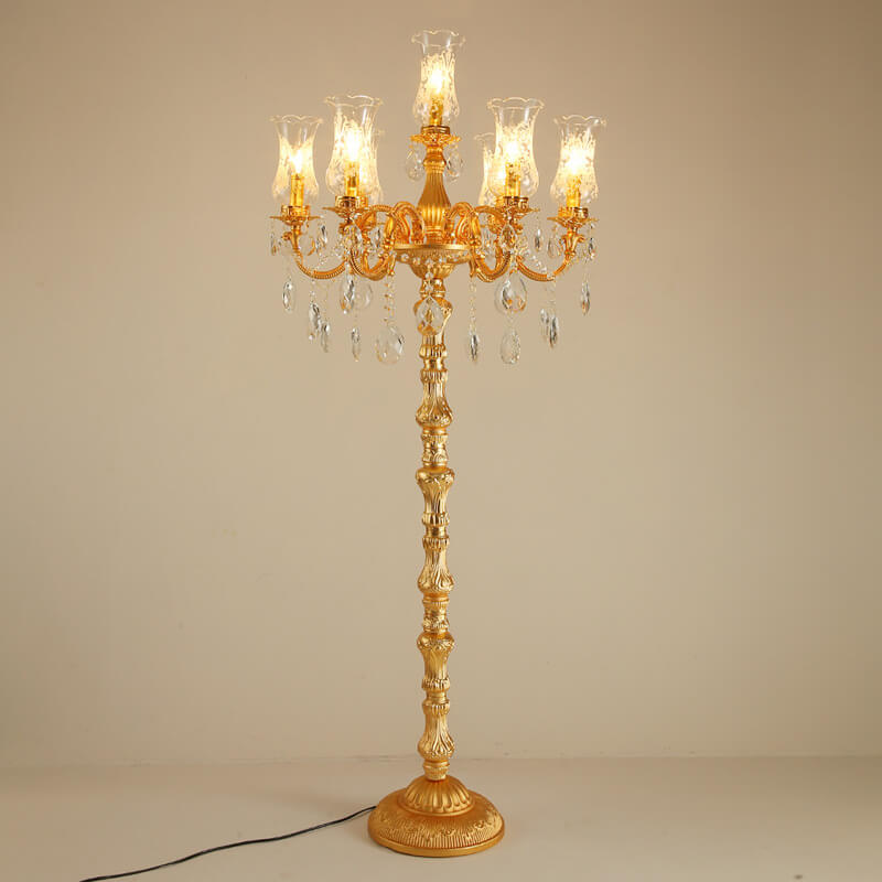 Traditional Luxury Golden Crystal Zinc Alloy Candle Holder 7-Light Standing Floor Lamp For Bedroom