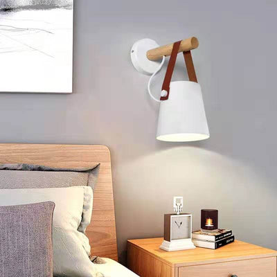 Iron Lampshade 1-Light  Wooden Arm Single Bell Sconce Lamp