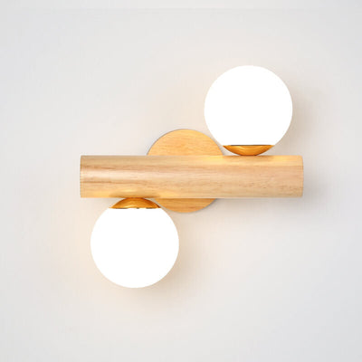 Modern Log Wood Double Glass Globe 2-Light Wall Sconce Lamp