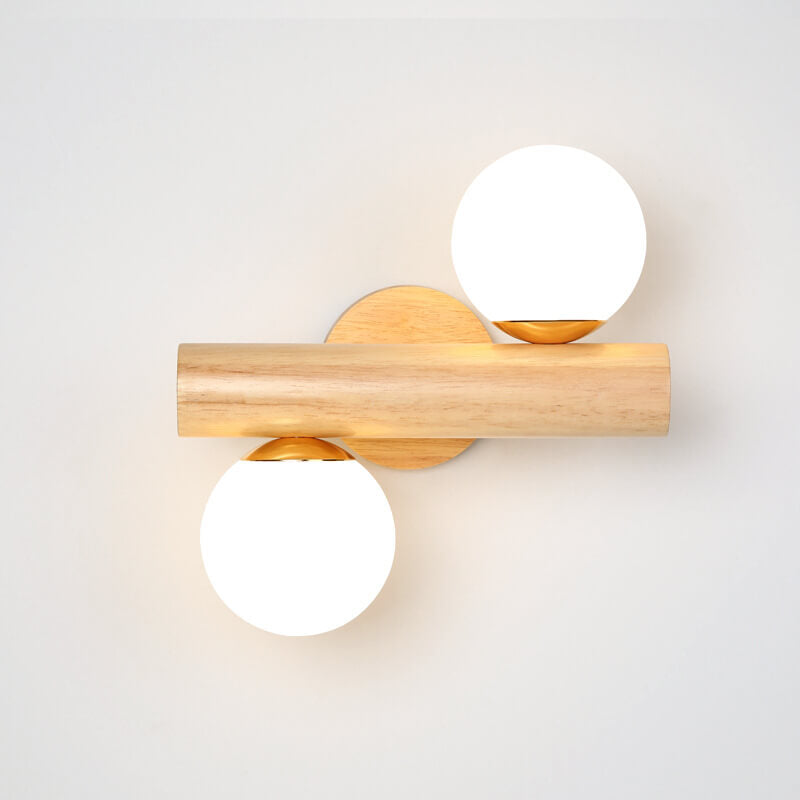 Modern Log Wood Double Glass Globe 2-Light Wall Sconce Lamp