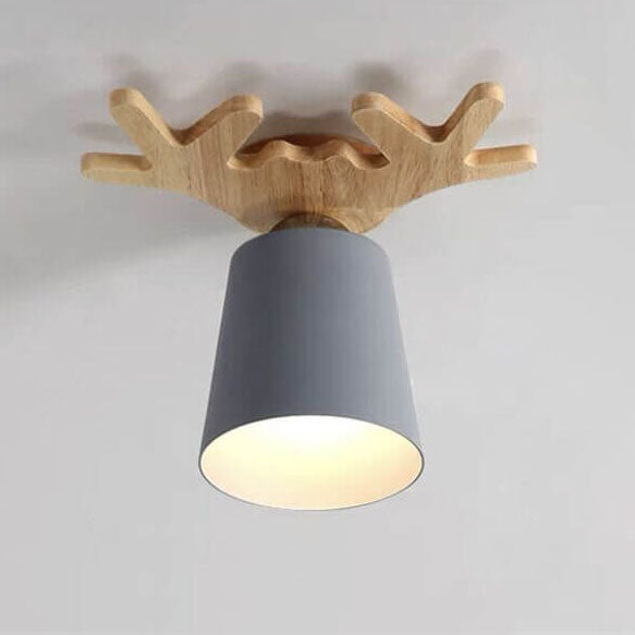 Contemporary Nordic Antler Wood Cone 1-Light Semi-Flush Mount Ceiling Light for Living Room