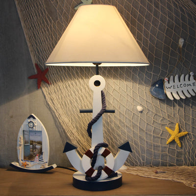 Cartoon Sailing Wooden Anchor Fabric 1-Light Kids Table Lamp