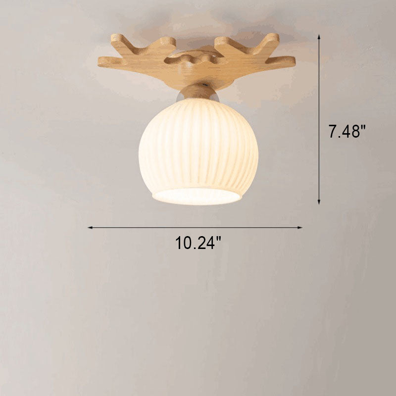 Nordic Simple Solid Wood Antler Glass Dome 1-Light Semi-Flush Mount Ceiling Light