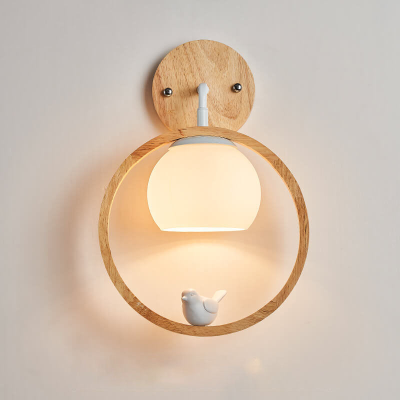 Nordic Minimalist Glass Wood Ring Bird Design 1-Light Wall Sconce Lamp