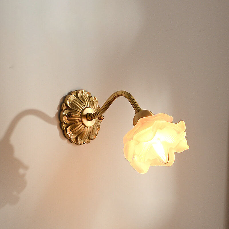 Japanese Vintage Rose Glass Brass 1-Light Wall Sconce Lamp