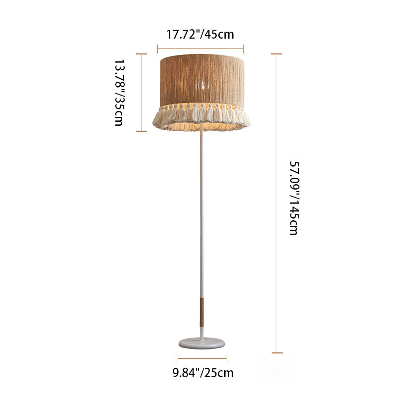 Contemporary Boho Hemp Rope Weaving Cylinder Cotton Tassel 1-Light Standing Floor Lamp For Home Office