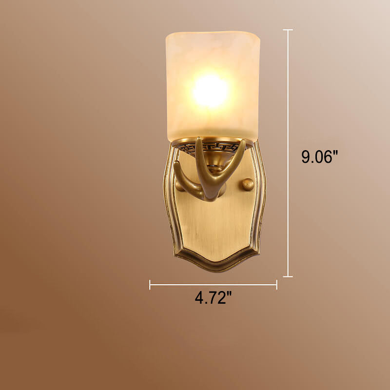 European Vintage Antler Brass Glass 1-Light Wall Sconce Lamp