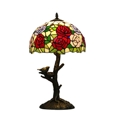 Tiffany Art Rose Butterfly Design Stained Glass 1-Light Table Lamp