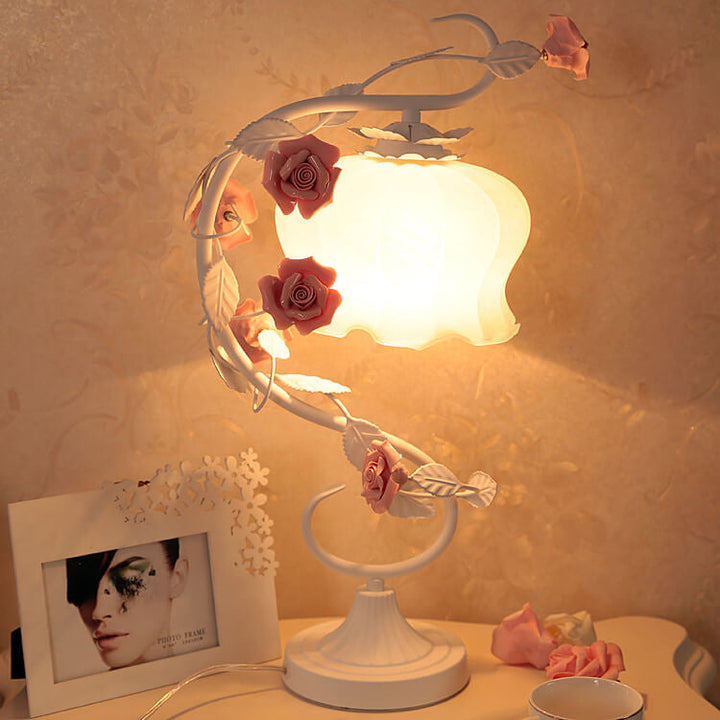 Vintage Romantic Pink Glass Ceramics Roses 1-Light Table Lamp