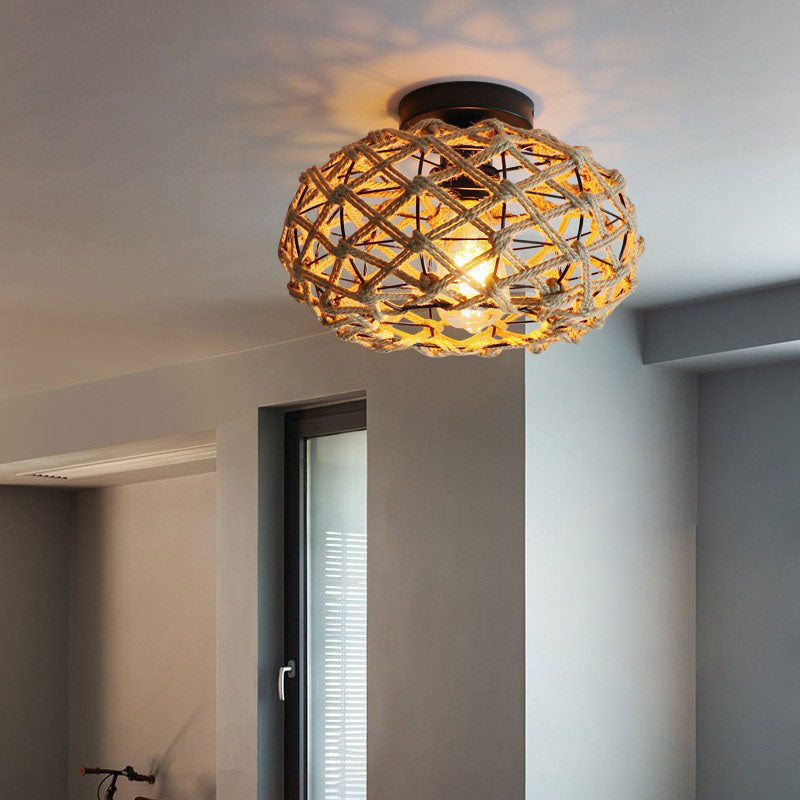 Traditionelle rustikale Hanfseil-Weberei Eisenkäfig 1-Licht Semi-Flush Mount Deckenleuchte für Schlafzimmer 